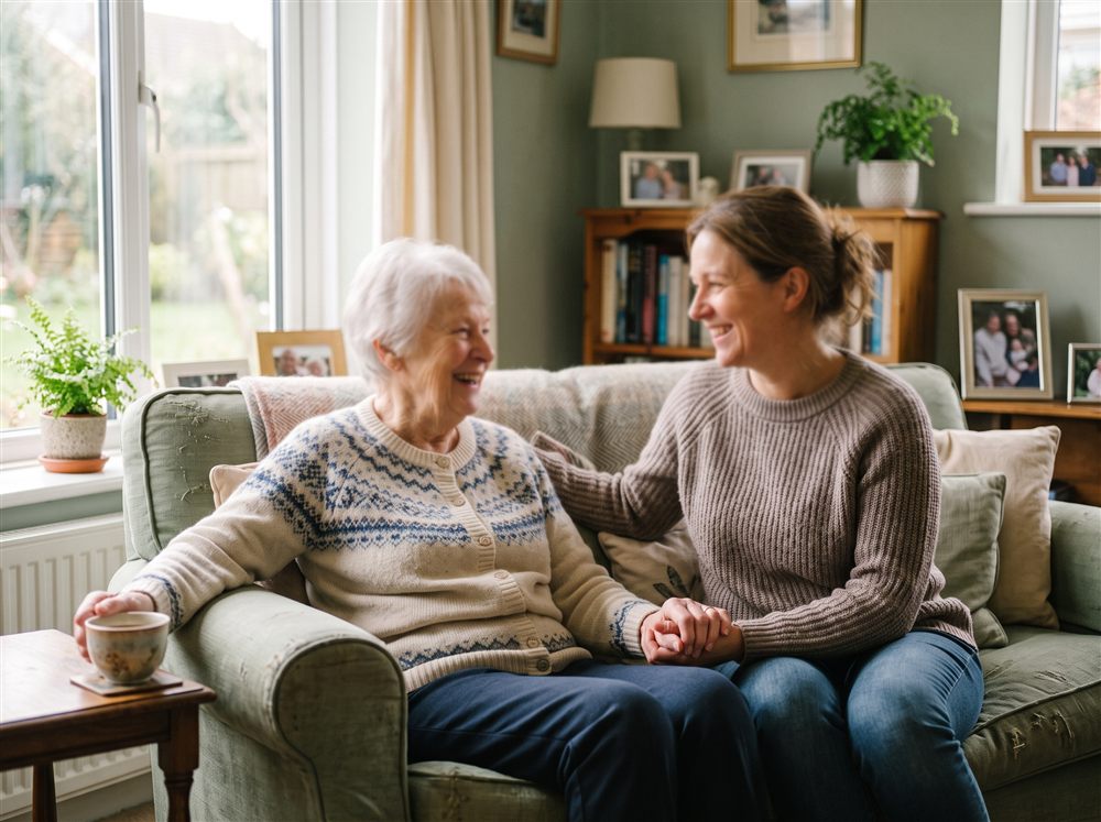 Daughter visiting with her mother in the living room